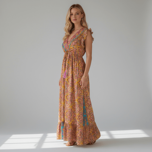 QUIN POLYSILK MIRROR TRIM MAXI DRESS