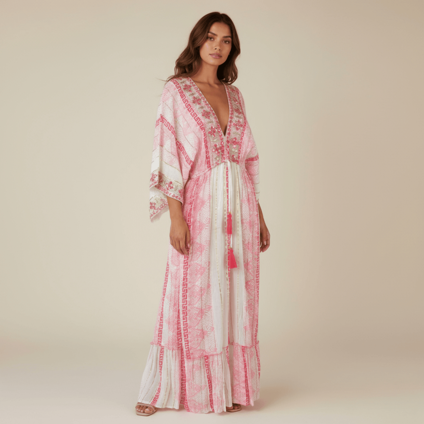 CRESSIDA VISCOSE EMB TRIM KIMONO DRESS