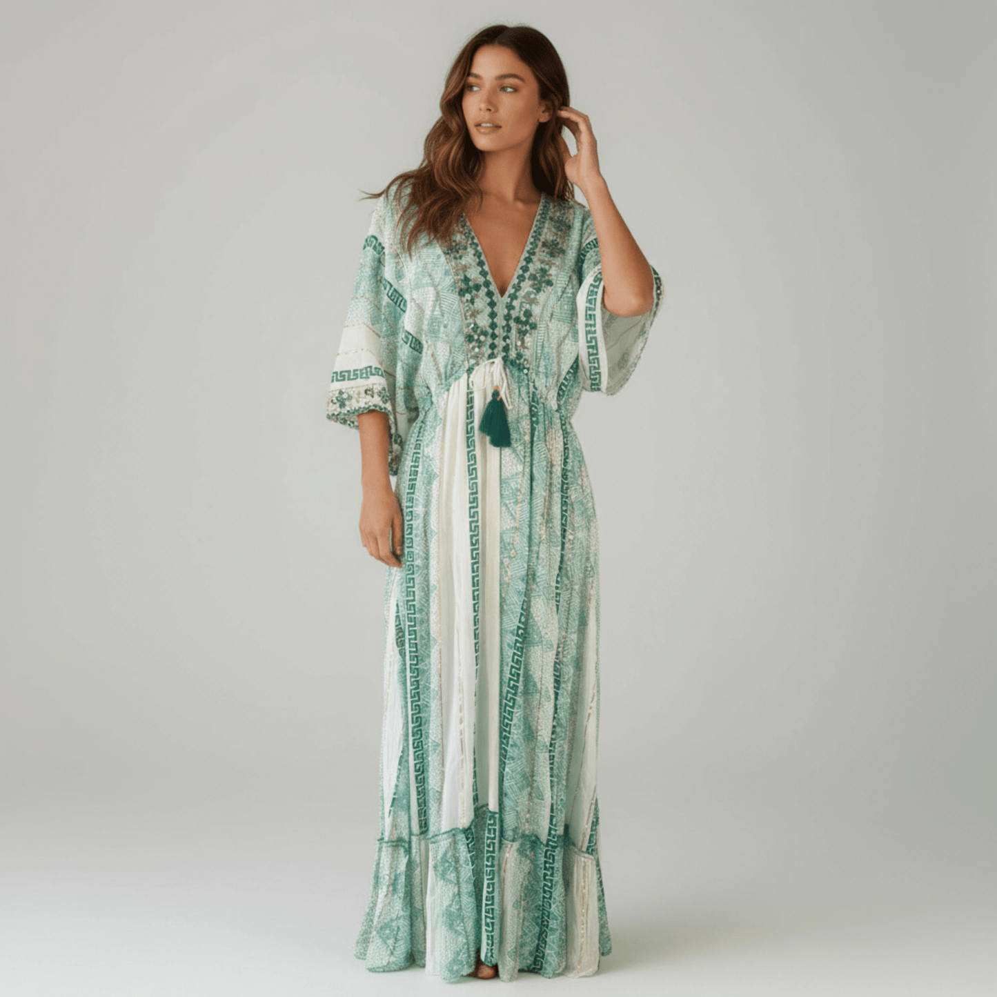 CRESSIDA VISCOSE EMB TRIM KIMONO DRESS