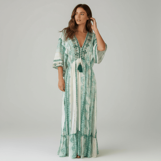 CRESSIDA VISCOSE EMB TRIM KIMONO DRESS