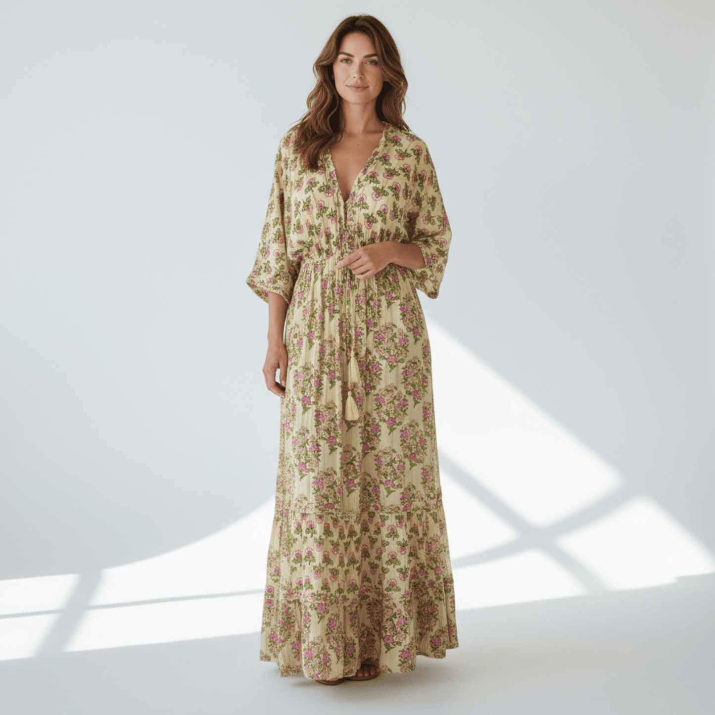 ALISSON VISCOSE LUREX FRILL TRIM KIMONO DRESS