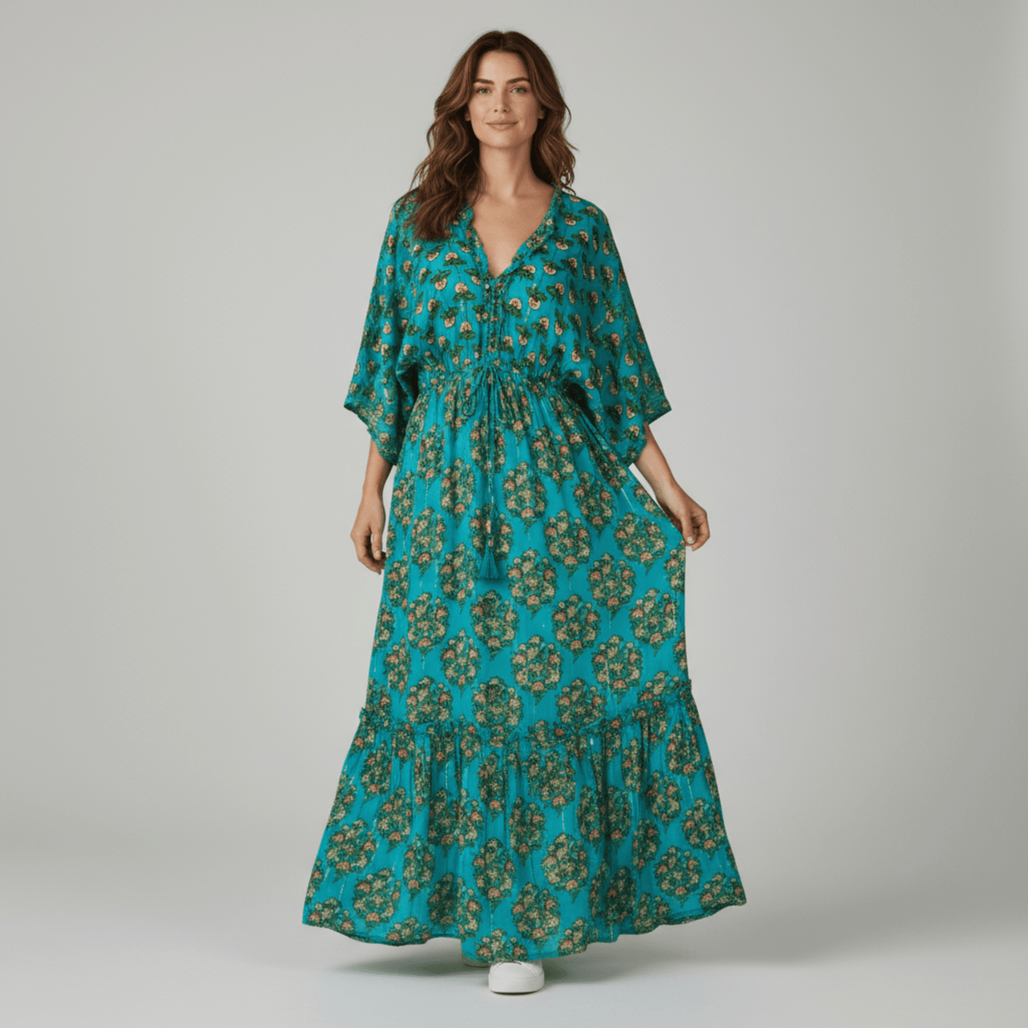 ALISSON VISCOSE LUREX FRILL TRIM KIMONO DRESS