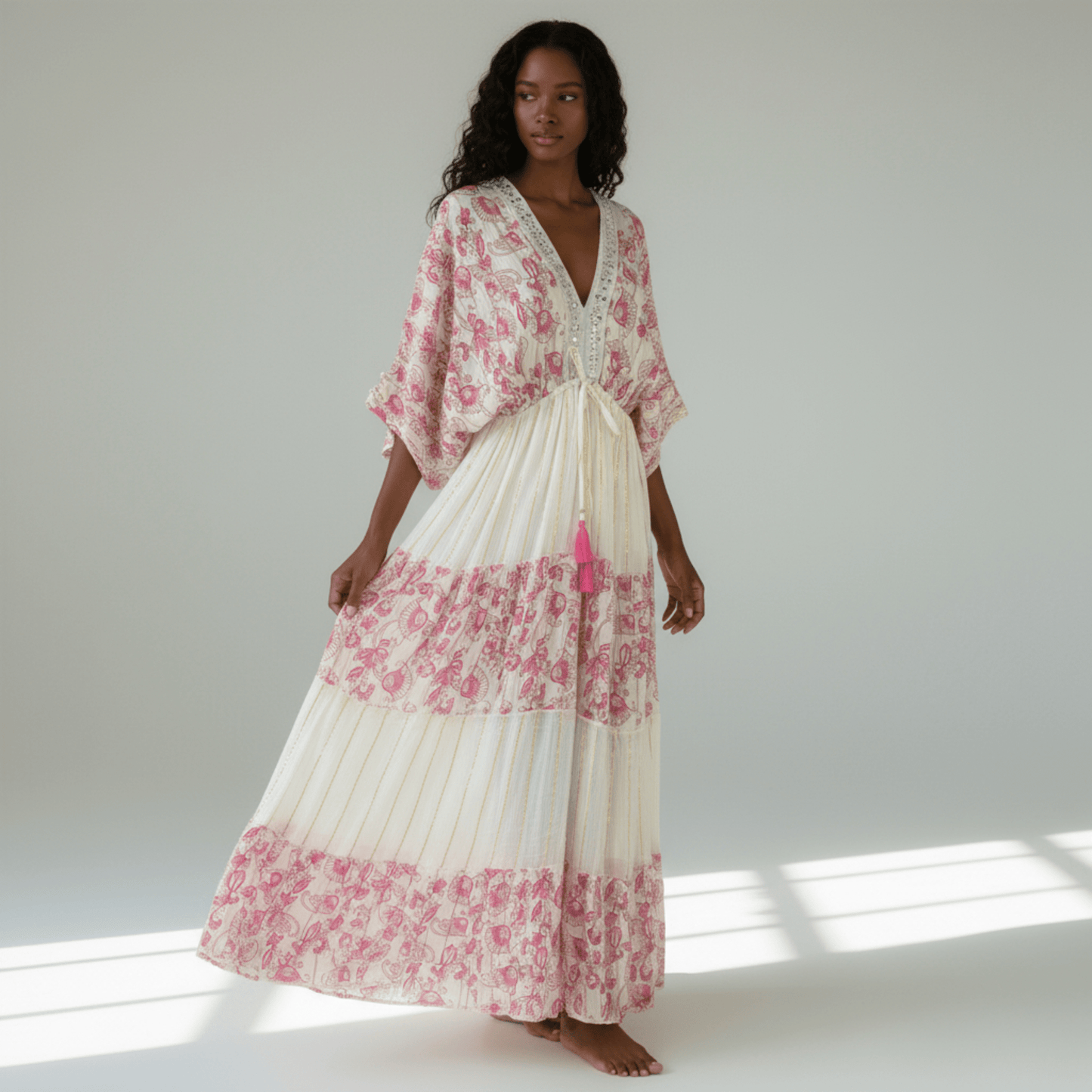 ZELIA VISCOSE LUREX PRINTED KIMONO DRESS