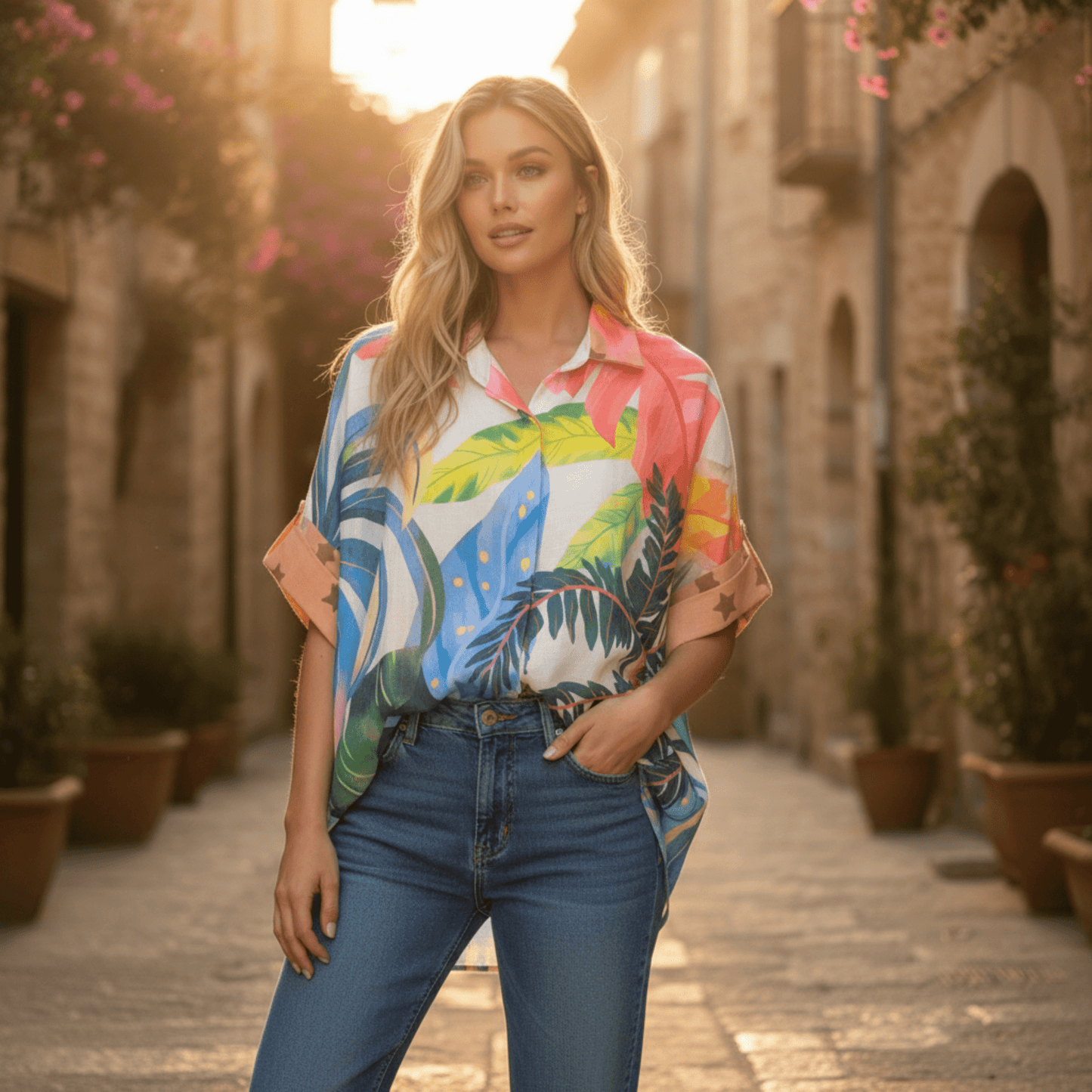 CHERIE POLY LINEN PRINTED SHORT SLEEVE SHIRT