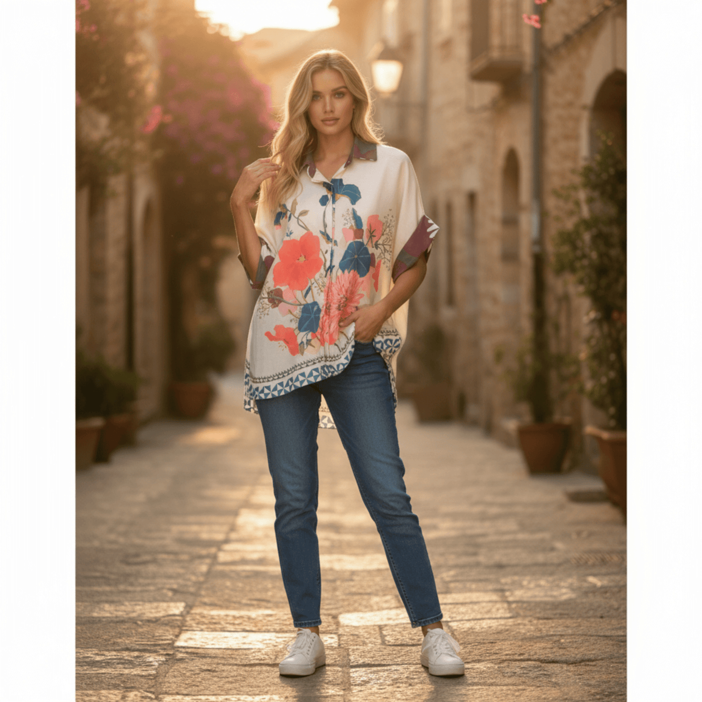 KEILY POLY LINEN PRINTED SHORT SLEEVE SHIRT