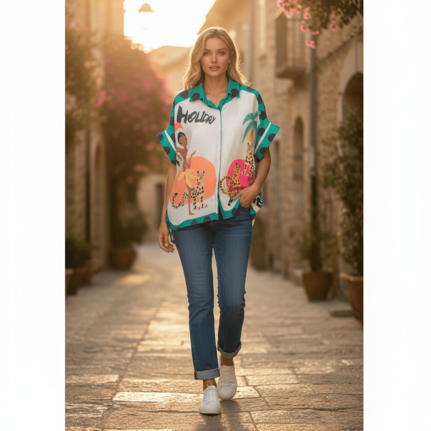 KEILY POLY LINEN PRINTED SHORT SLEEVE SHIRT