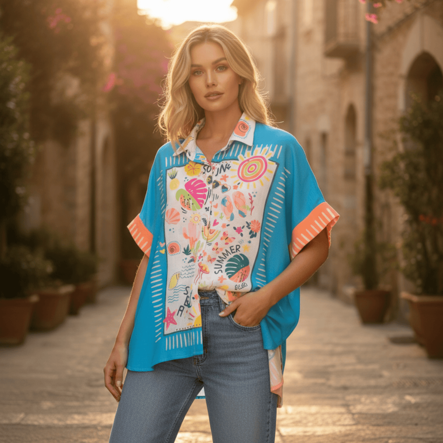 JAELYN POLY LINEN PRINTED SHORT SLEEVE SHIRT
