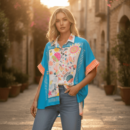 JAELYN POLY LINEN PRINTED SHORT SLEEVE SHIRT