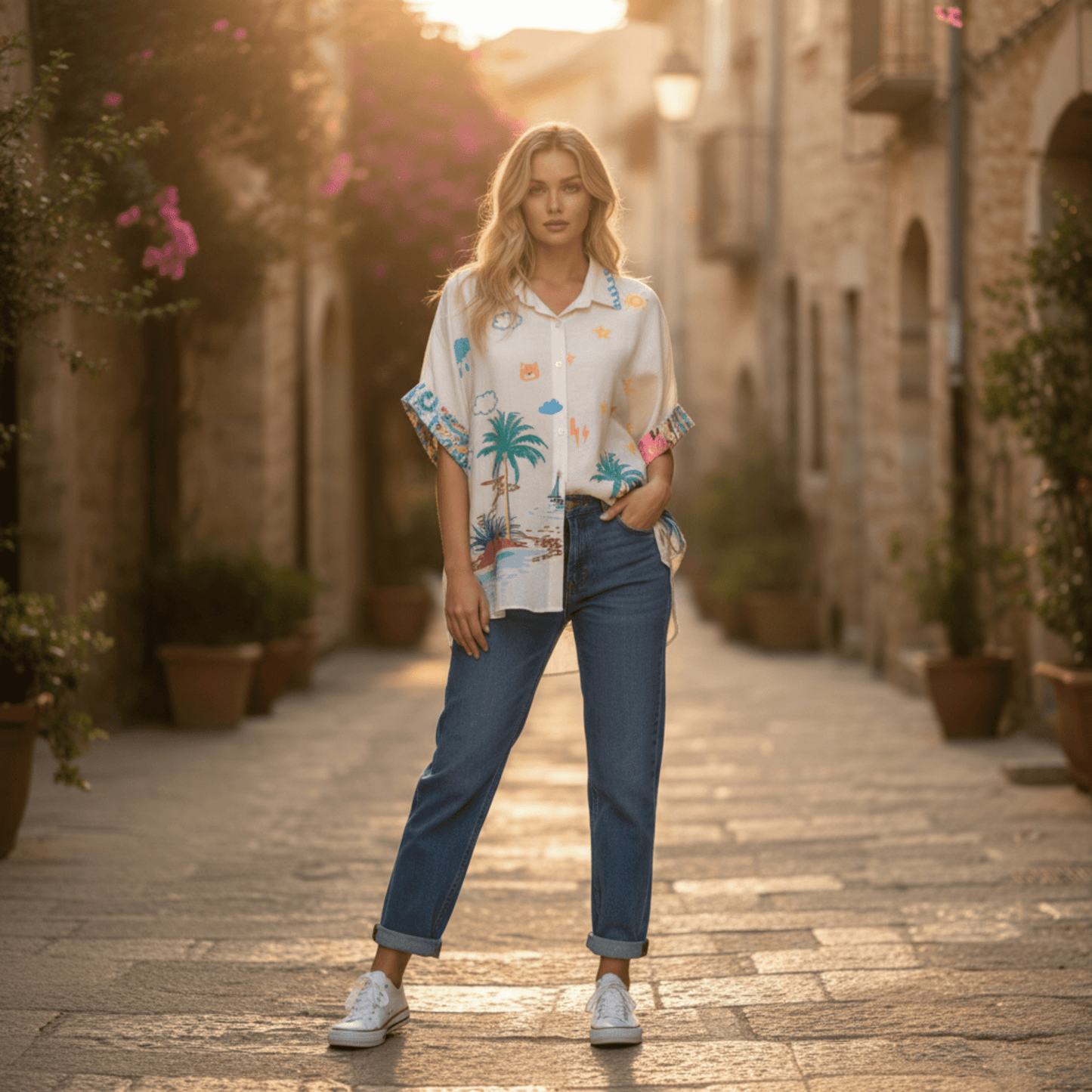 NANCY POLY LINEN PRINTED SHORT SLEEVE SHIRT