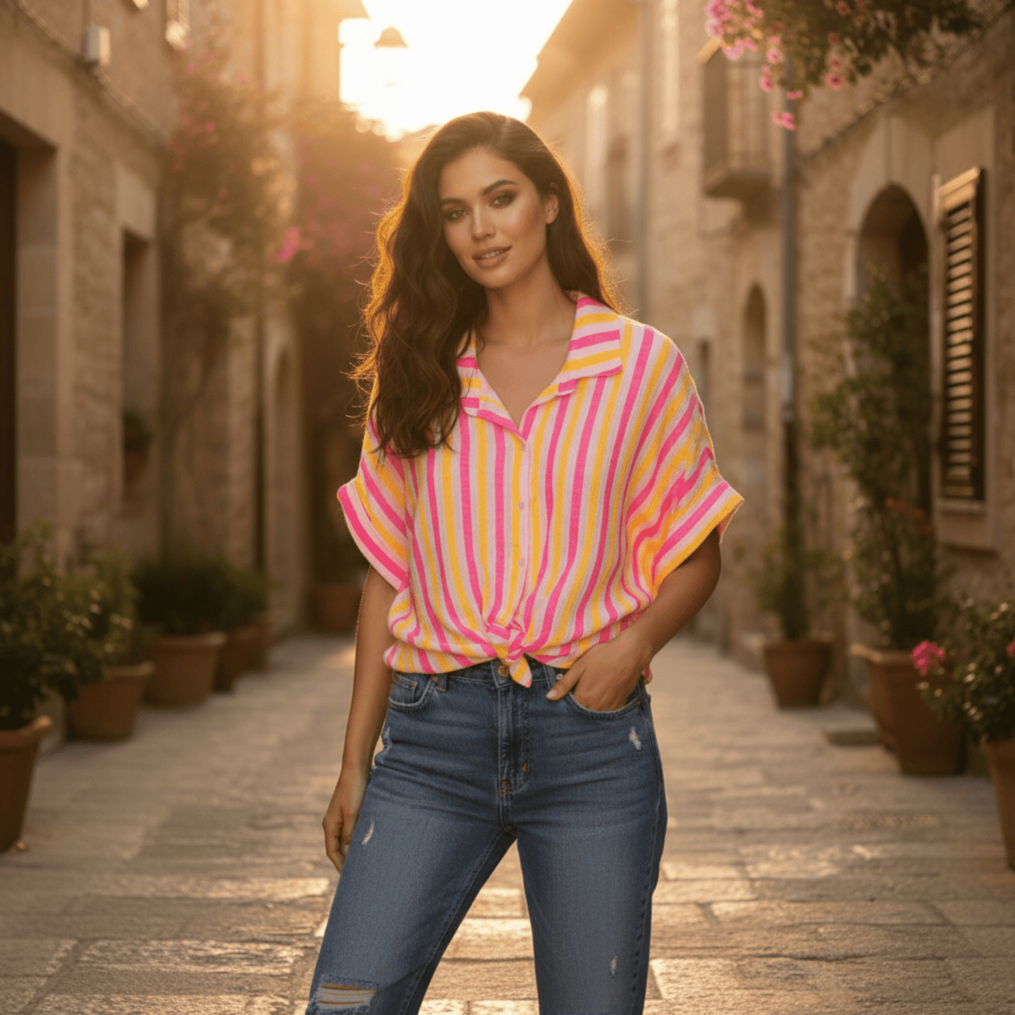 ANNIKA COTTON NEON STRIPE SHIRT