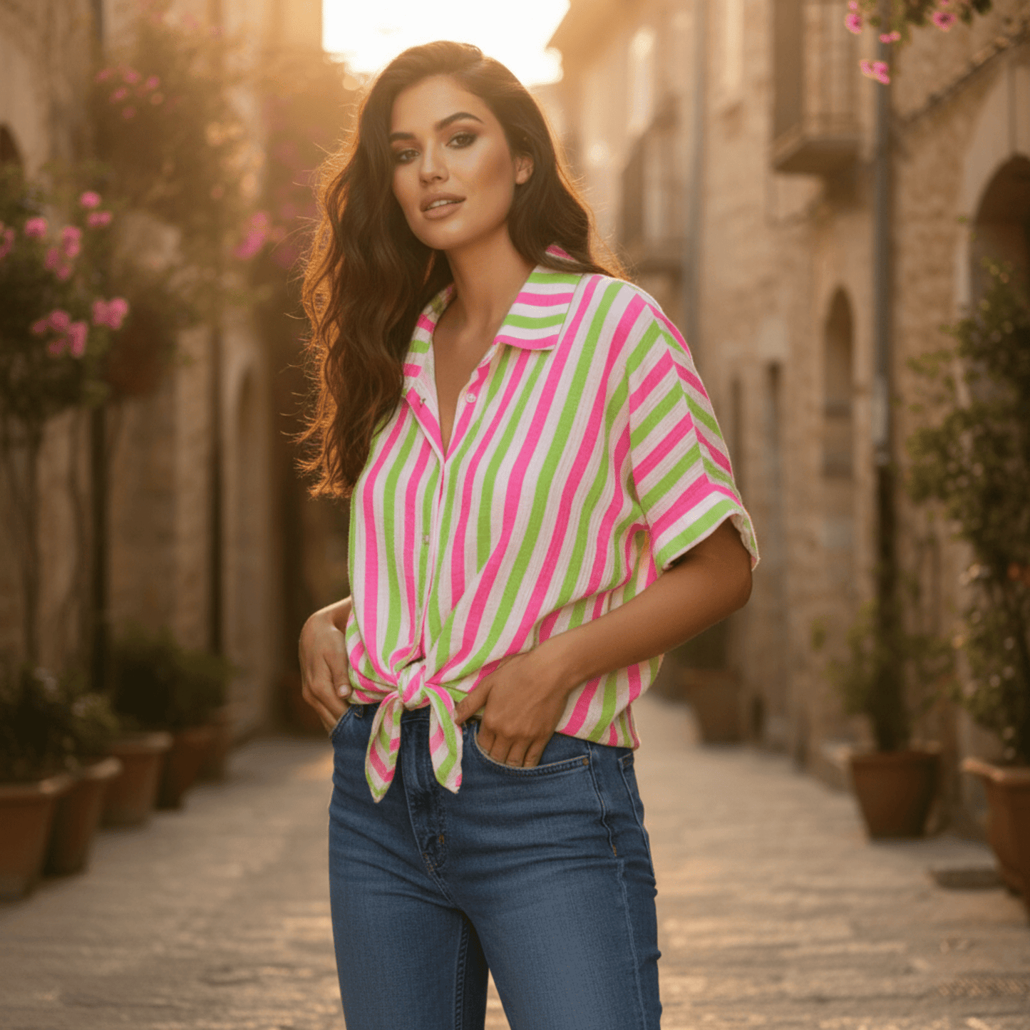 ANNIKA COTTON NEON STRIPE SHIRT