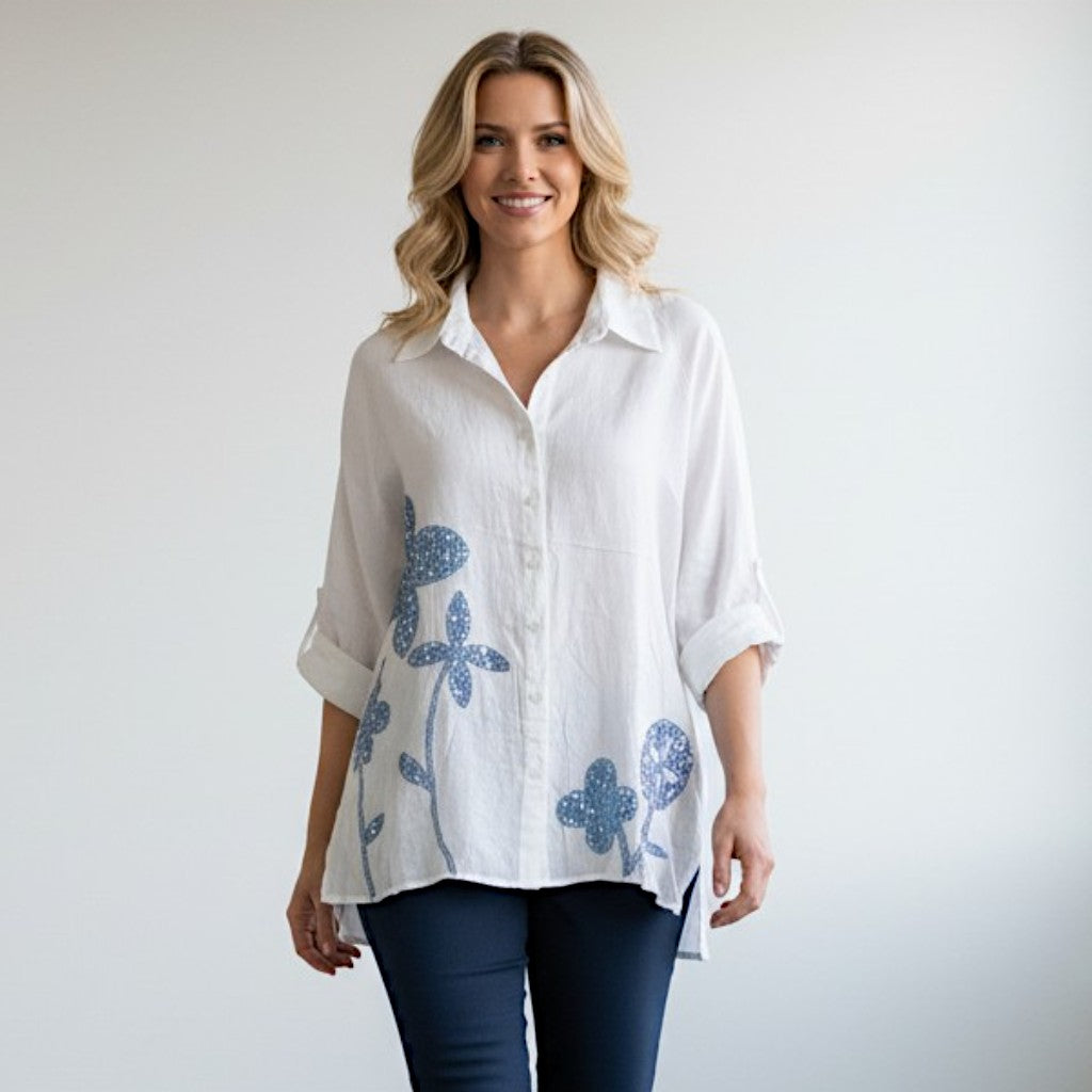 HETTY VISCOSE COTTON SHIRT SEQ FLOWER APPLIQUE
