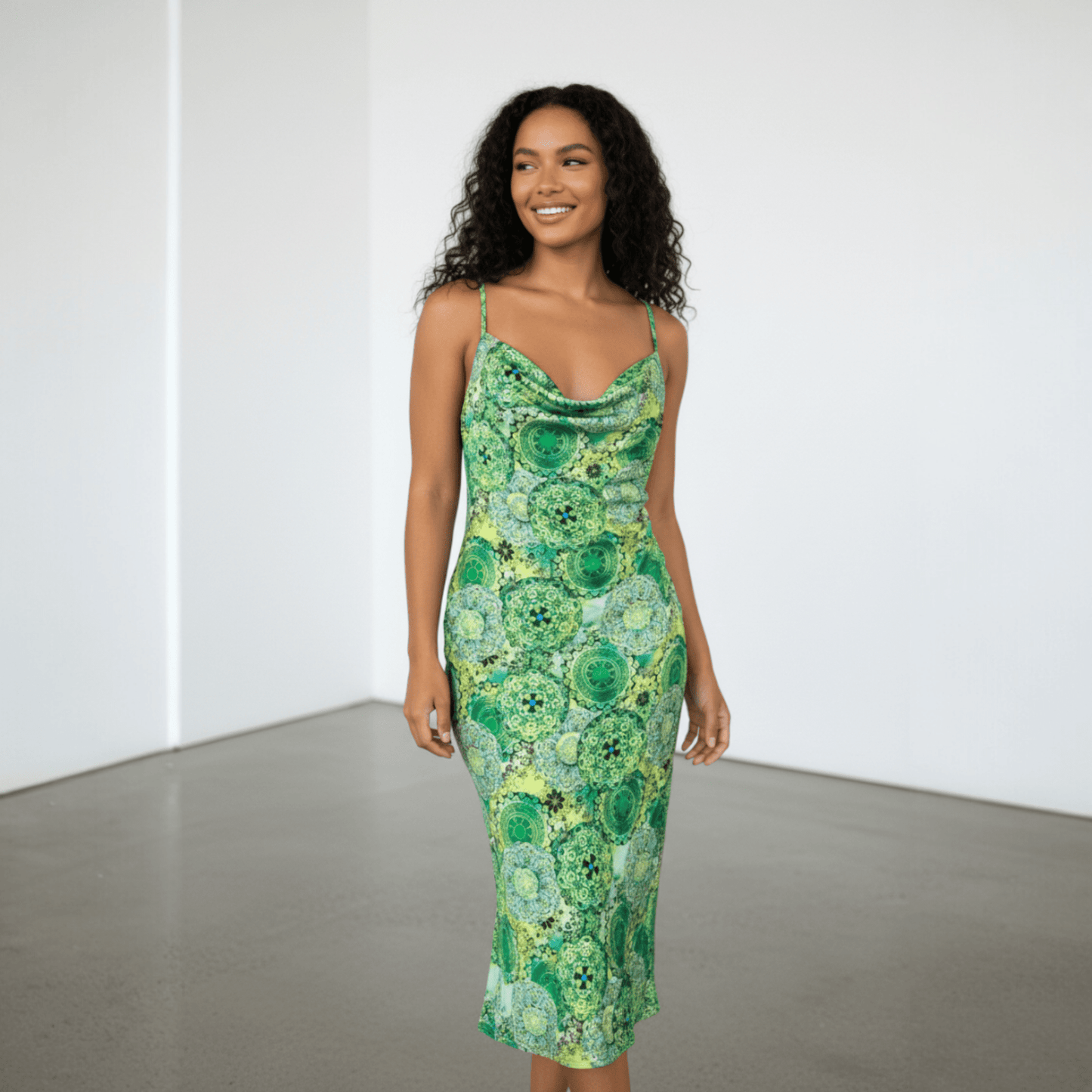 PRINTED SATIN COWL DRESS