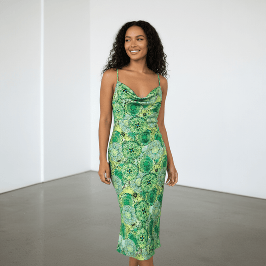 PRINTED SATIN COWL DRESS