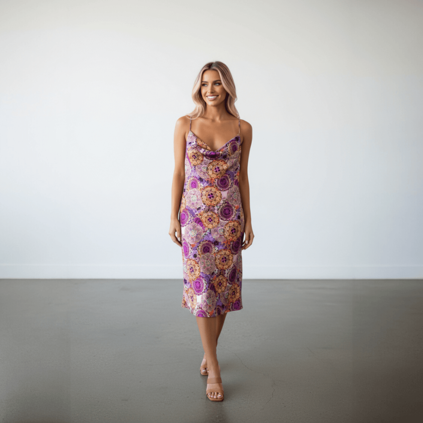 PRINTED SATIN COWL DRESS