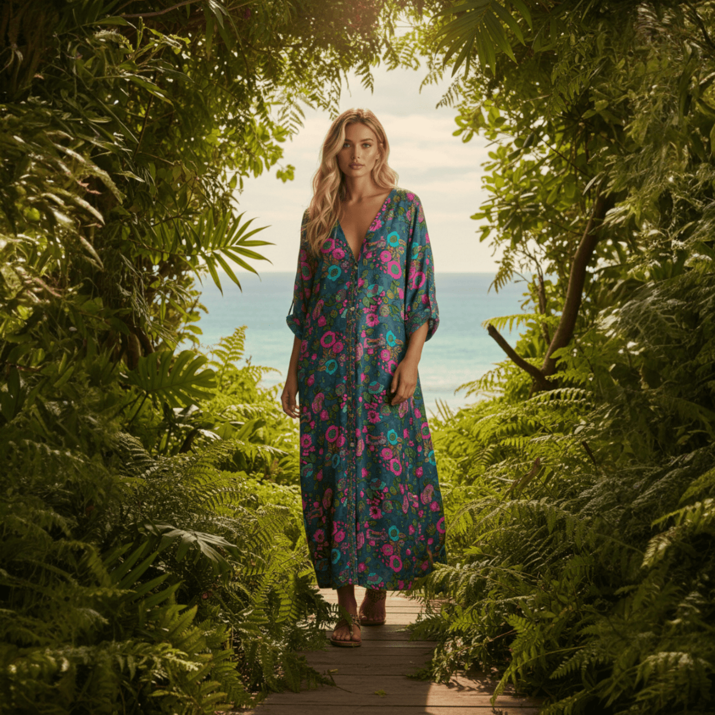 POLYSILK BUTTON LONG DRESS