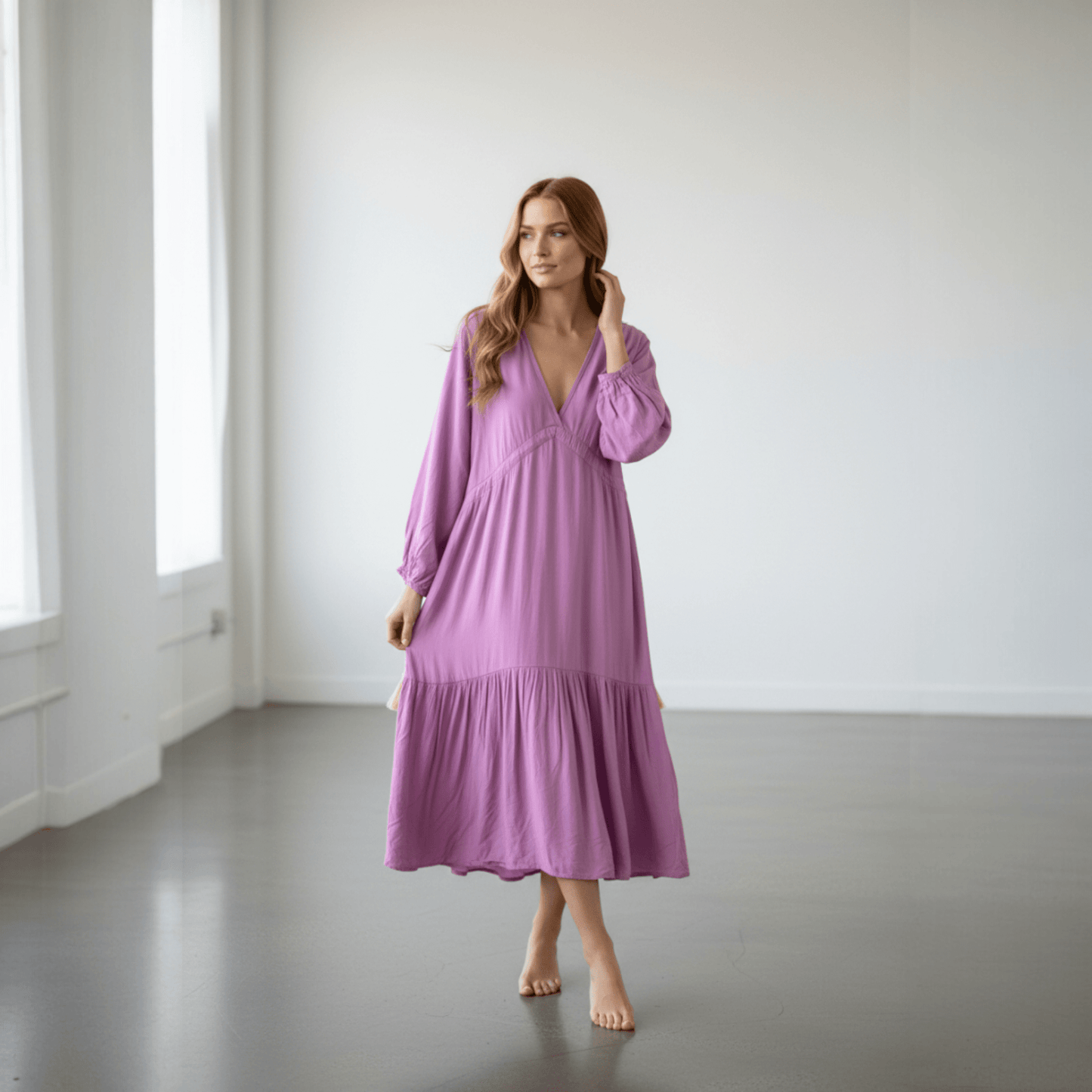 LONG V-NECK BOHO DRESS