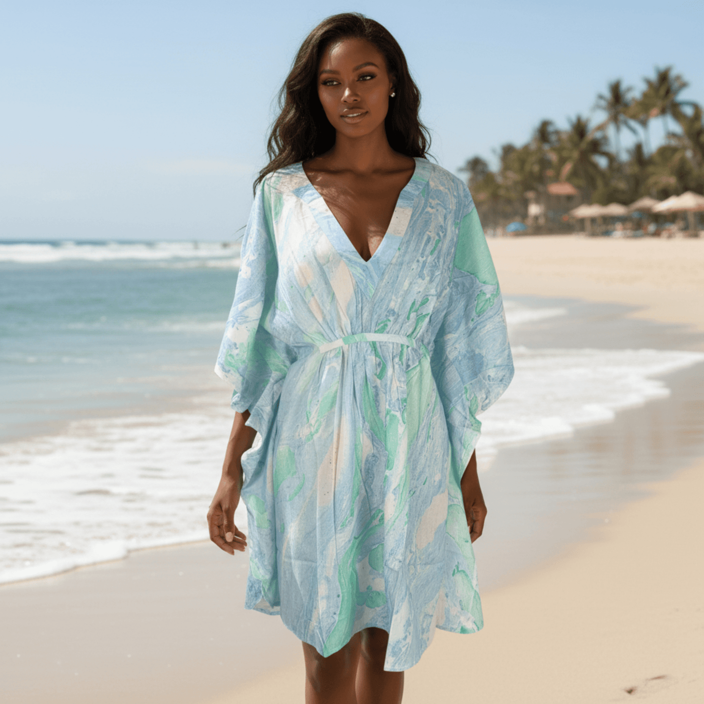 MARBLE PRINT SHORT KAFTAN DRESS