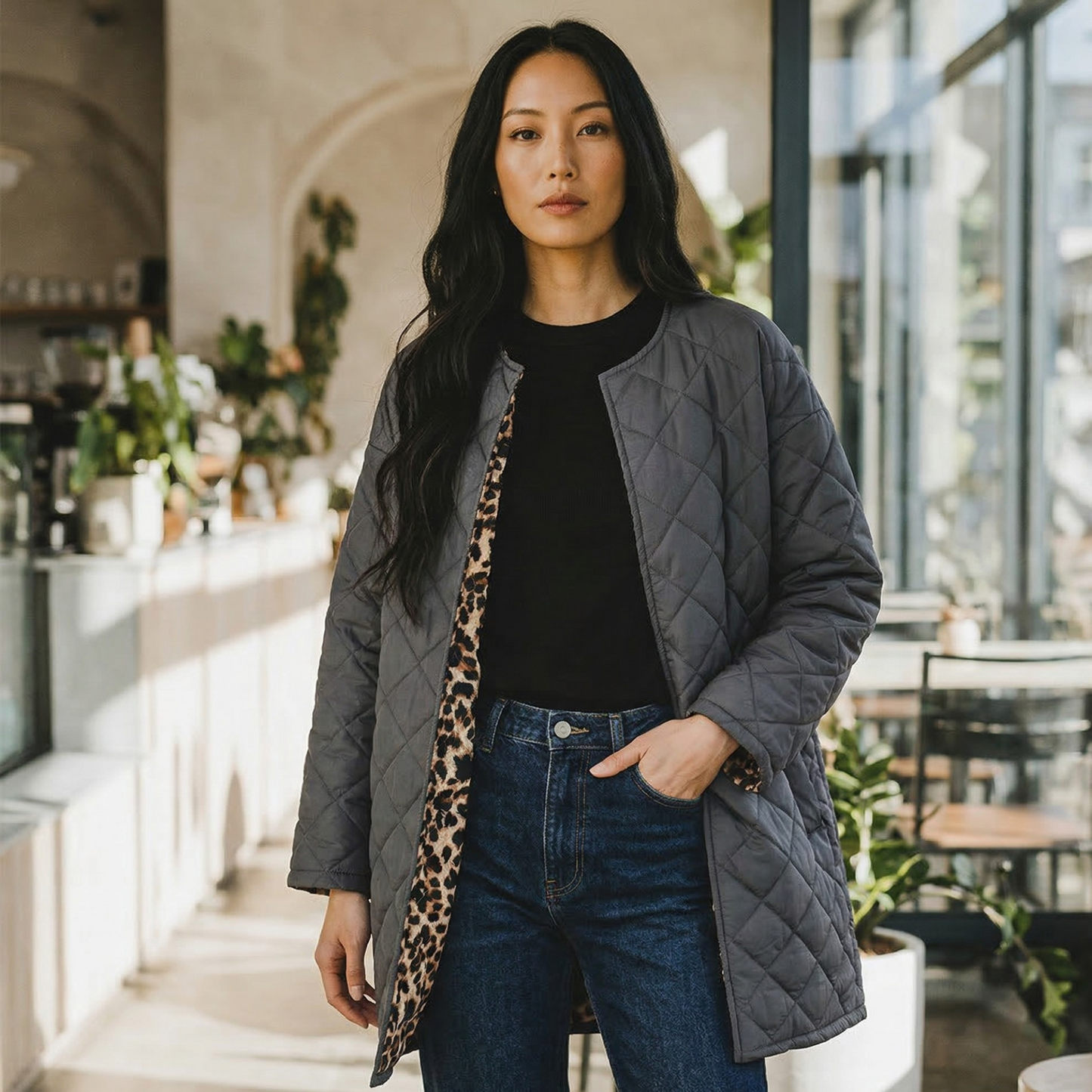 QUILT PUFFER ANIMAL PRINT LINING JACKET