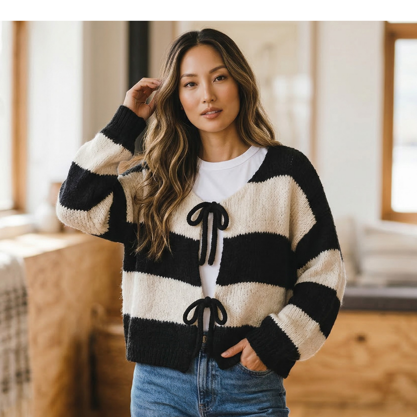 JENNY KNIT MIX WOOL STRIPE TIE CARDIGAN