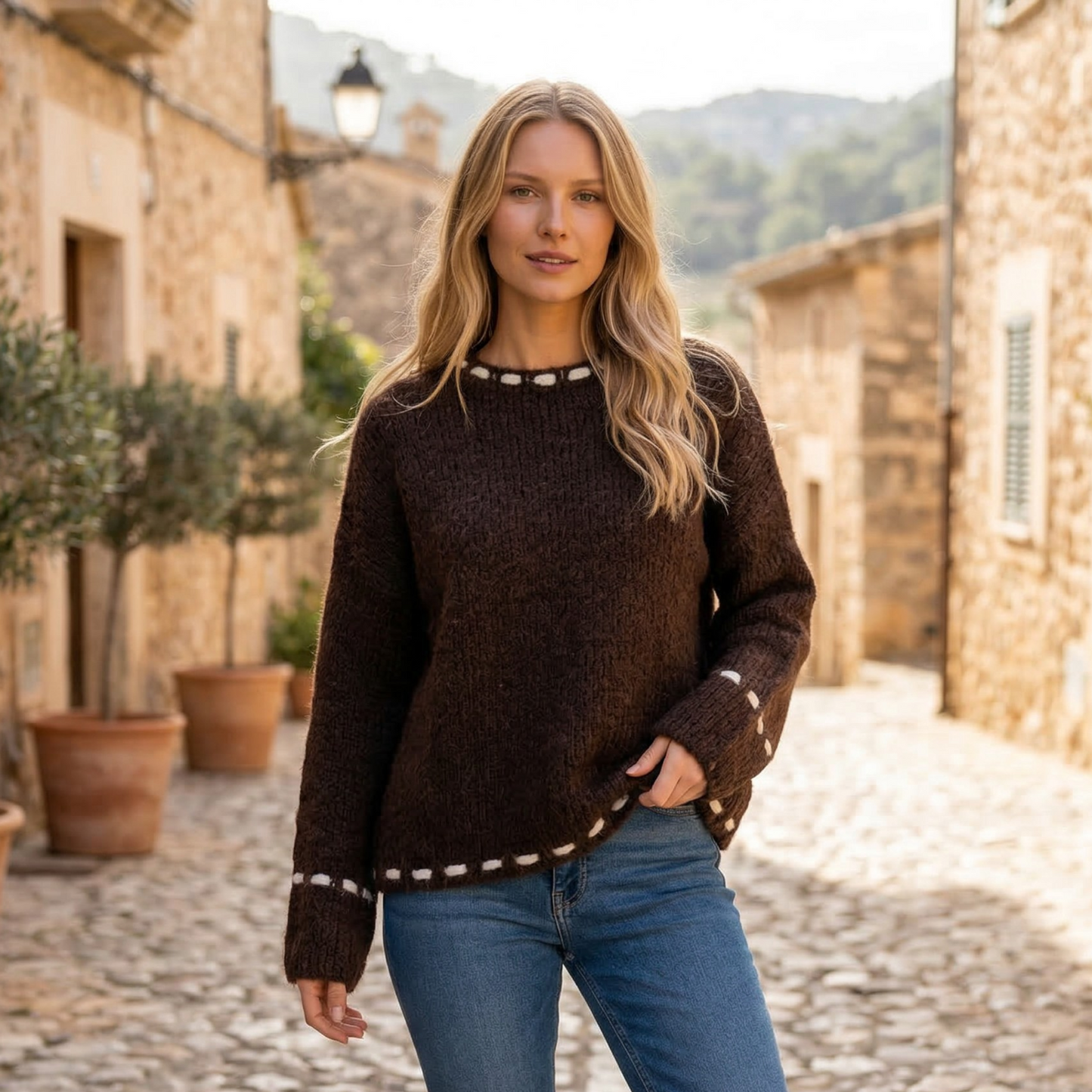 ARIAH KNIT MIX WOOL WHIPSTITCH TRIM TOP