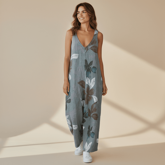 EVIE LINEN LEAF PRINT ROMPER