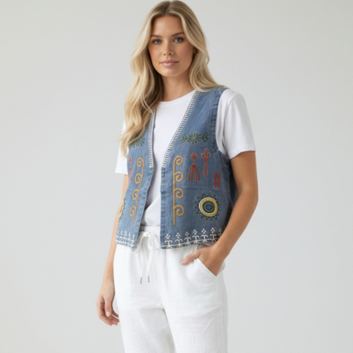 HALLIE DENIM EMB WAISTCOAT