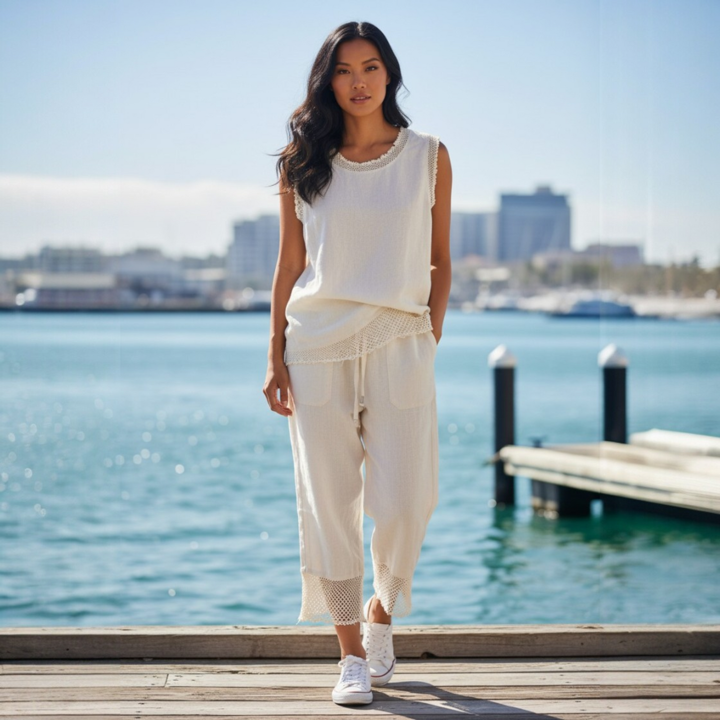 AYLA LINEN VEST WITH MESH TRIM