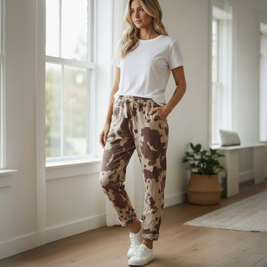 GLENNETTE VISCOSE ELASTANE COW PRINT PANTS