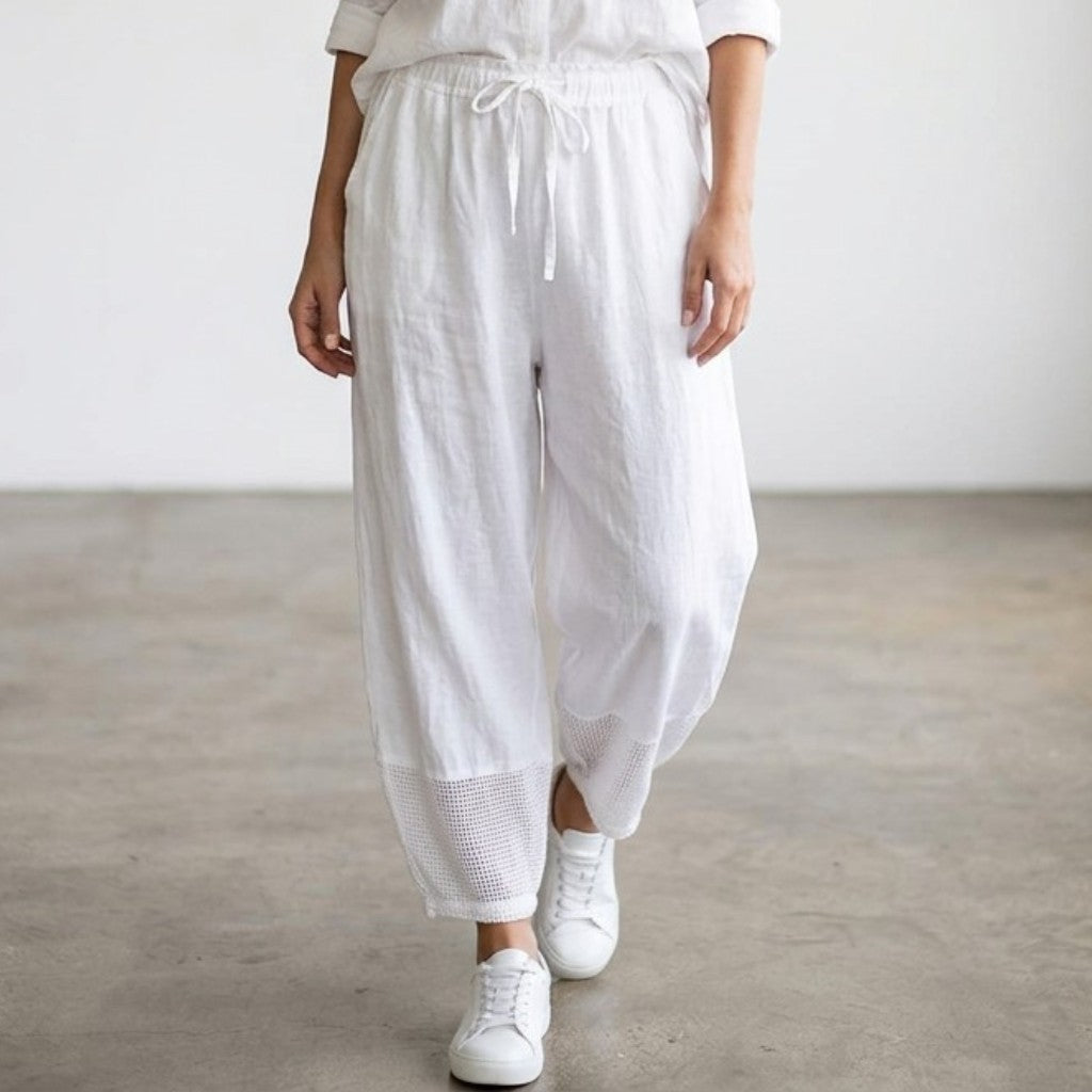 OLIVE COTTON MIX NET BARREL PANTS