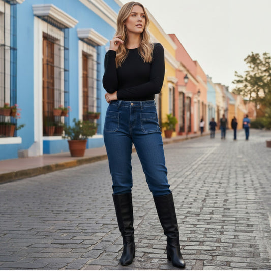 ALIYA COTTON DENIM FRONT PATCH POCKET PANTS