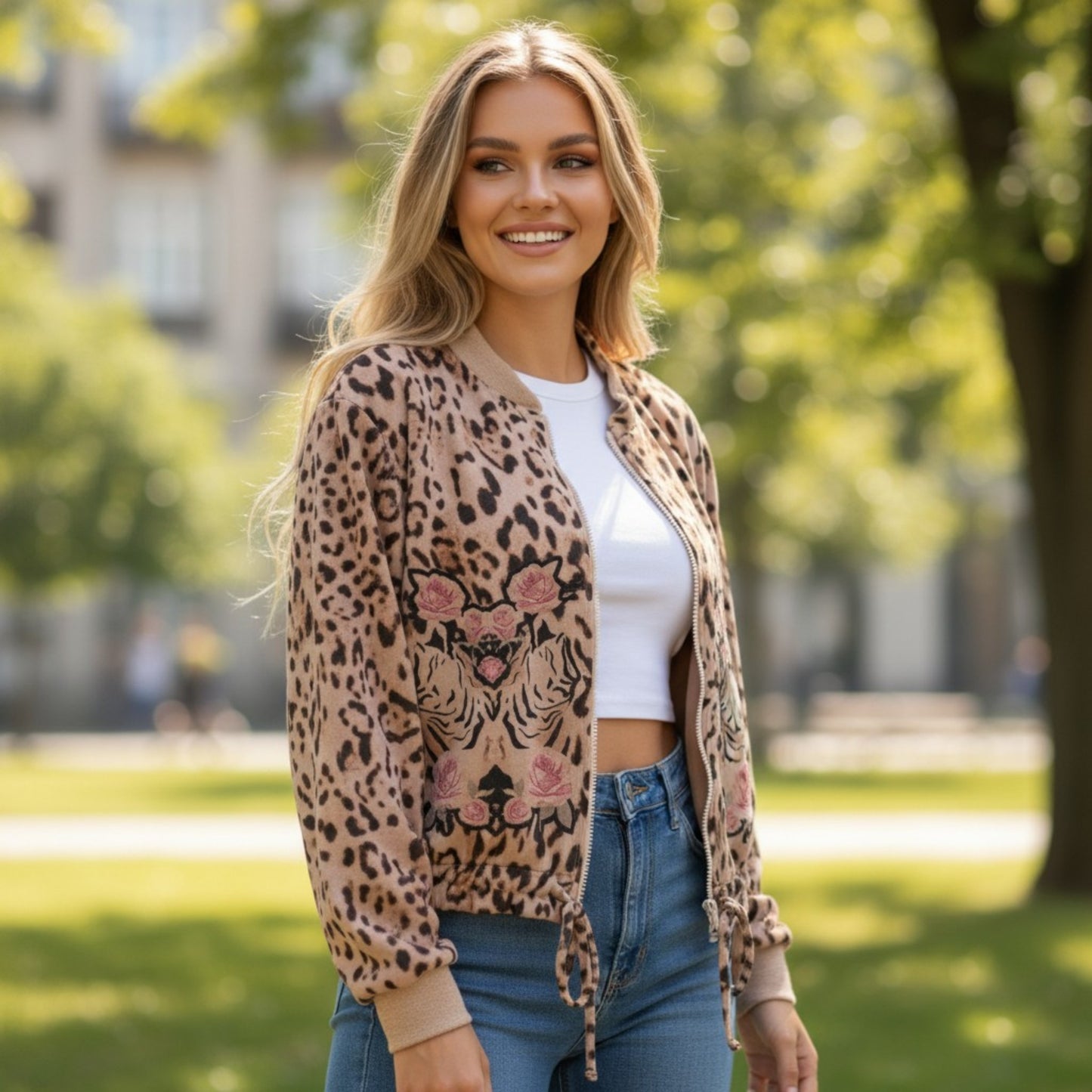 WILLA SEUDE ANIMAL PRINTED ZIP UP BOMBER JACKET
