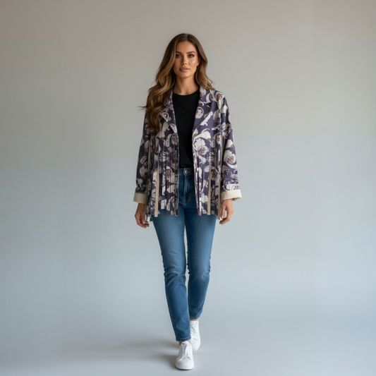 RIVER VISCOSE POLY FLORAL PRINT TASSLE JACKET