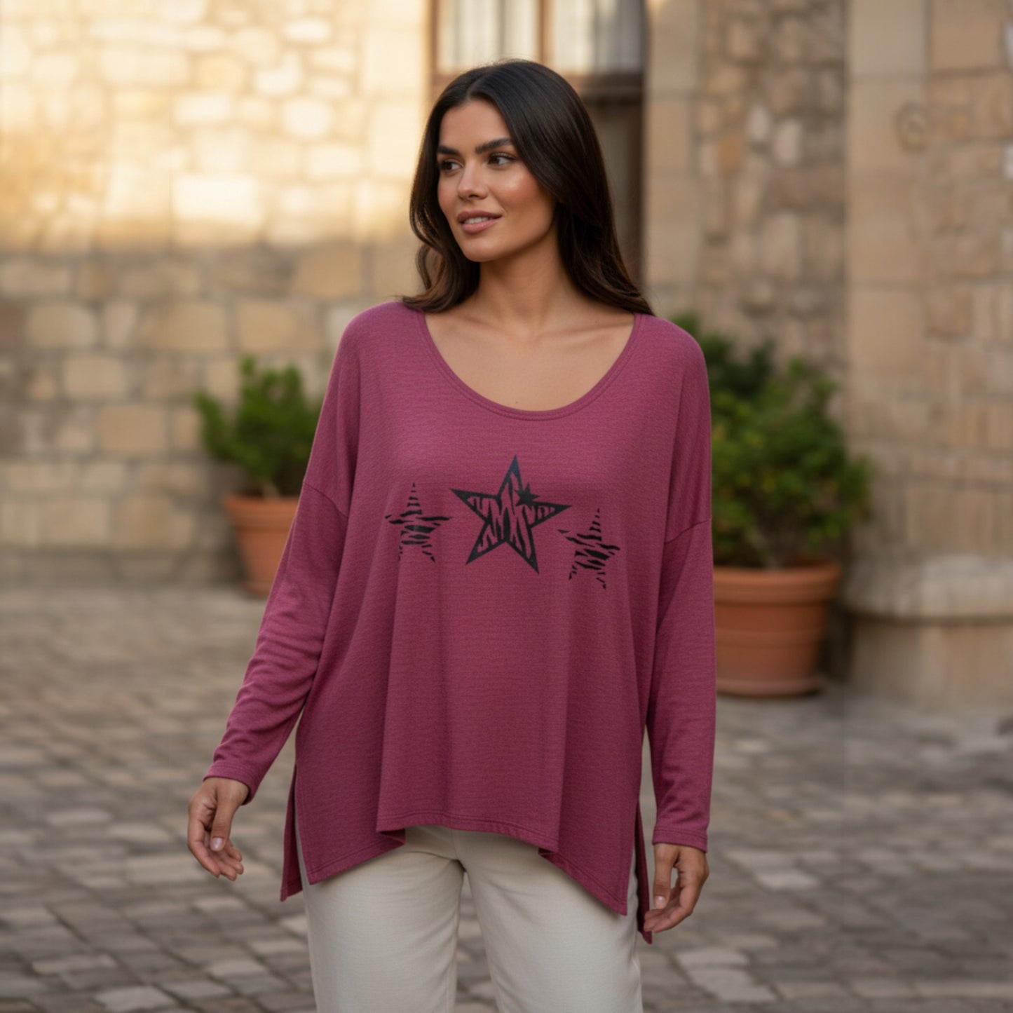 JERSEY KNIT 3 ZEBRA STAR PRINT TOP