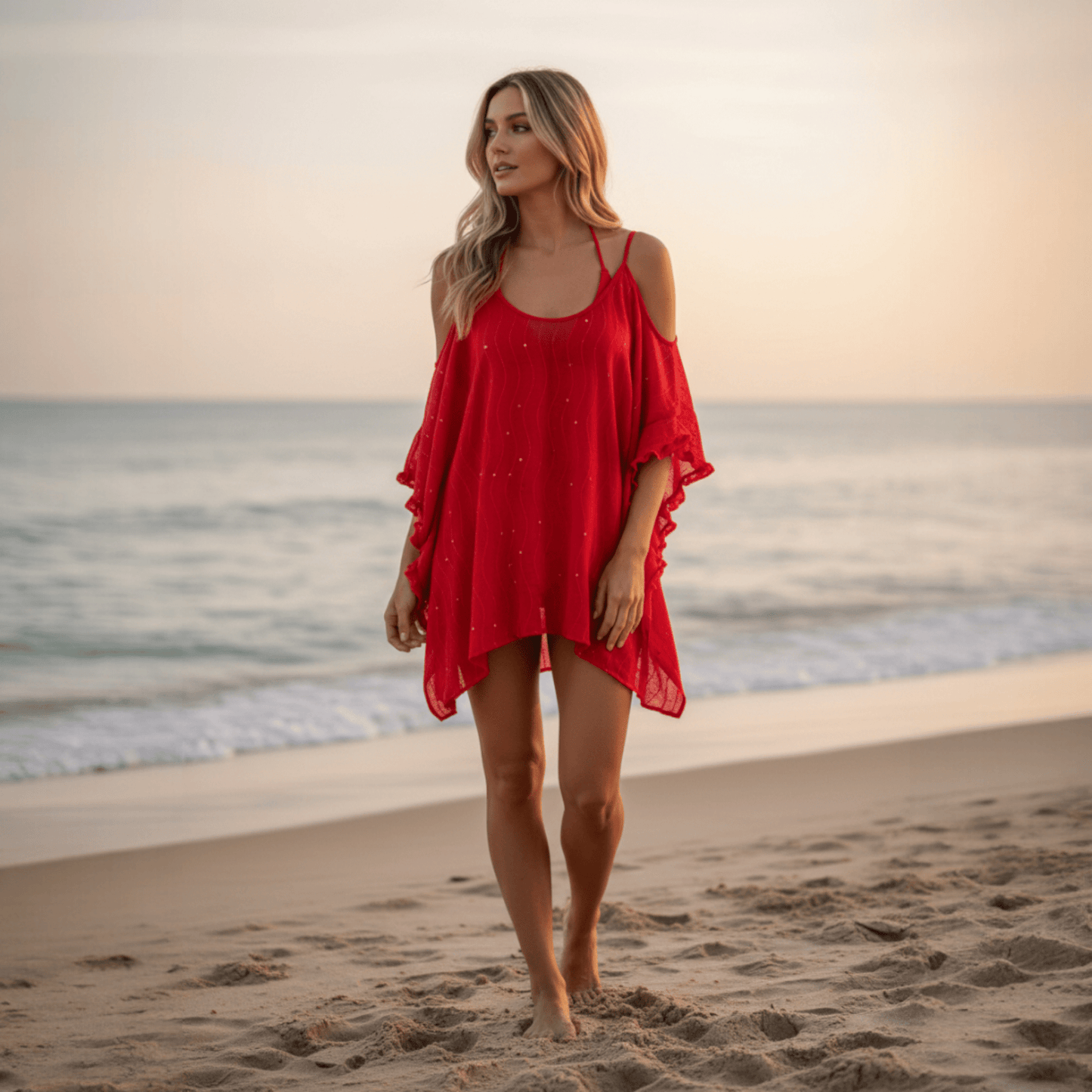 KNIT SEQUIN OPEN SHOULDER RUFFLE TOP