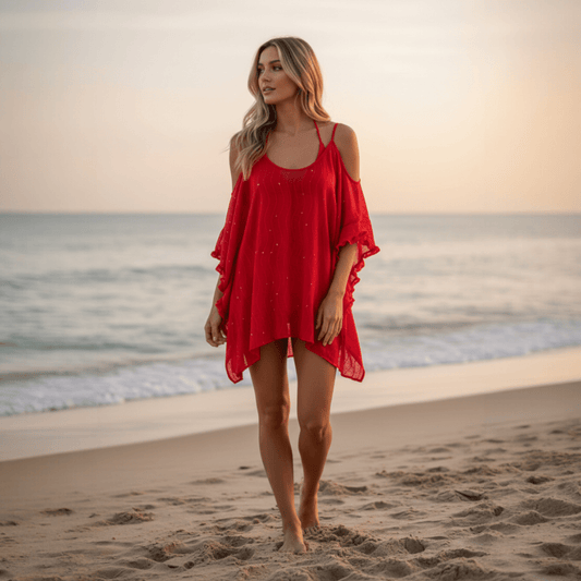 KNIT SEQUIN OPEN SHOULDER RUFFLE TOP