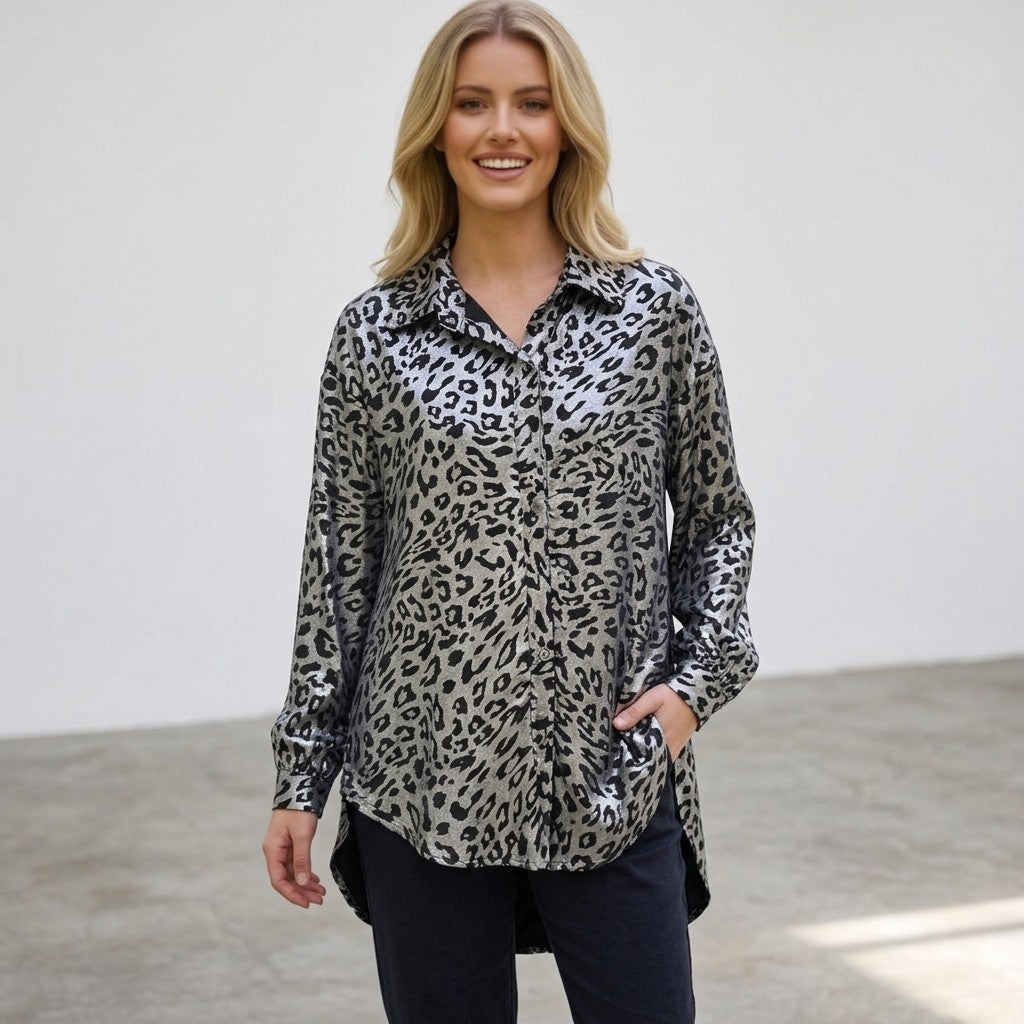 ANNA VISCOSE SATIN ANIMAL PRINT SHIRT